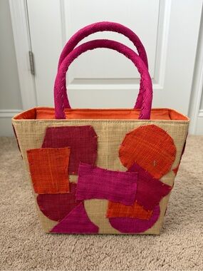 Franchi Beige Pink Orange Colorblock Tote Zip Top Handle Lined Bag